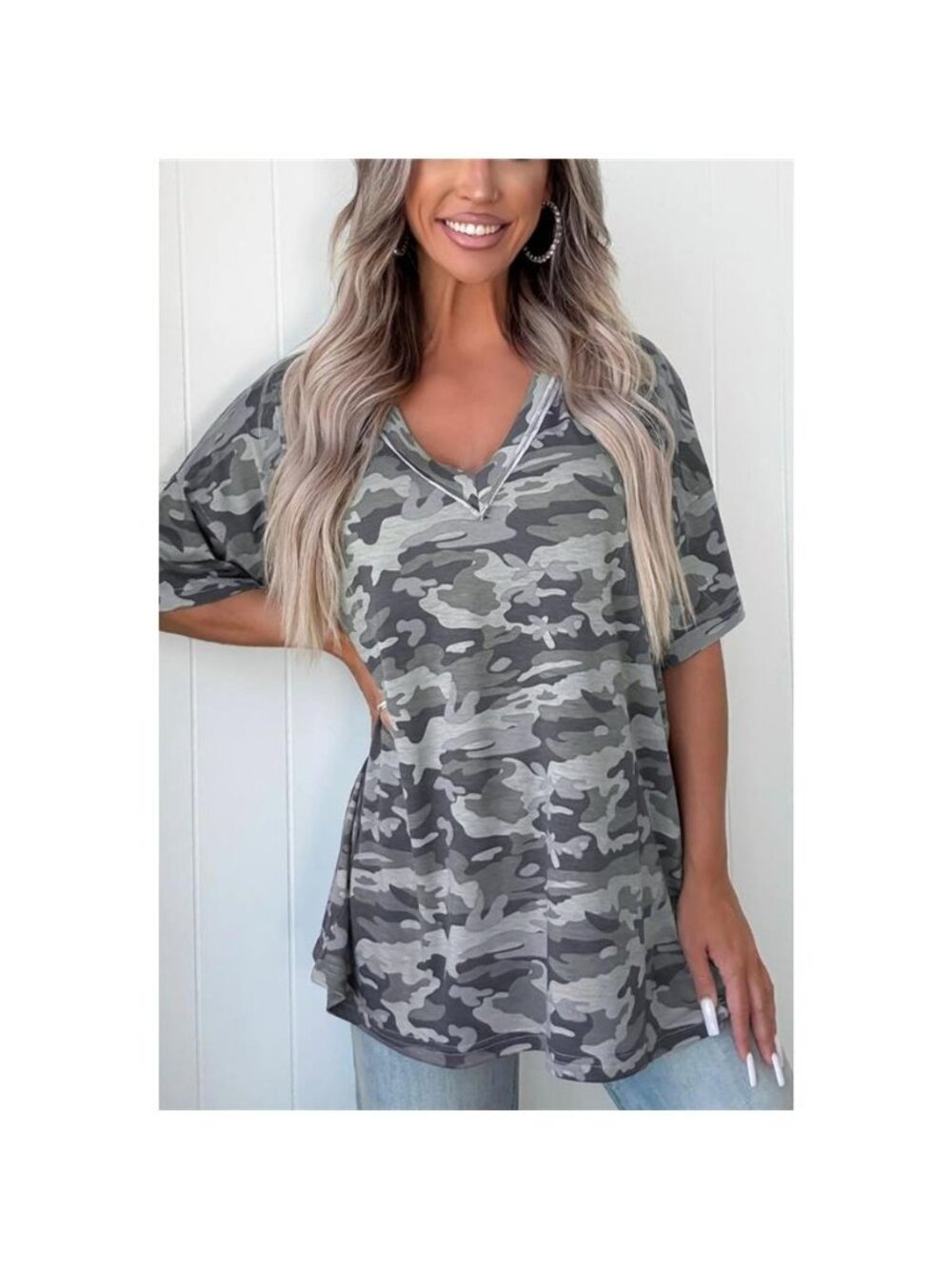 Camouflage Print Raw Edge V Neck Tee